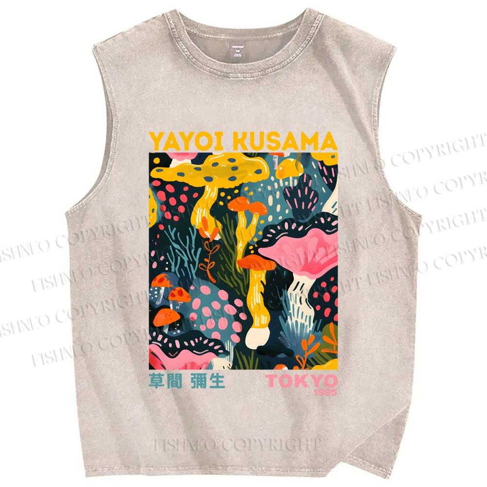 Unisex Yayoi Kusama Multicolor Mushroom Printed Washed Tank Top