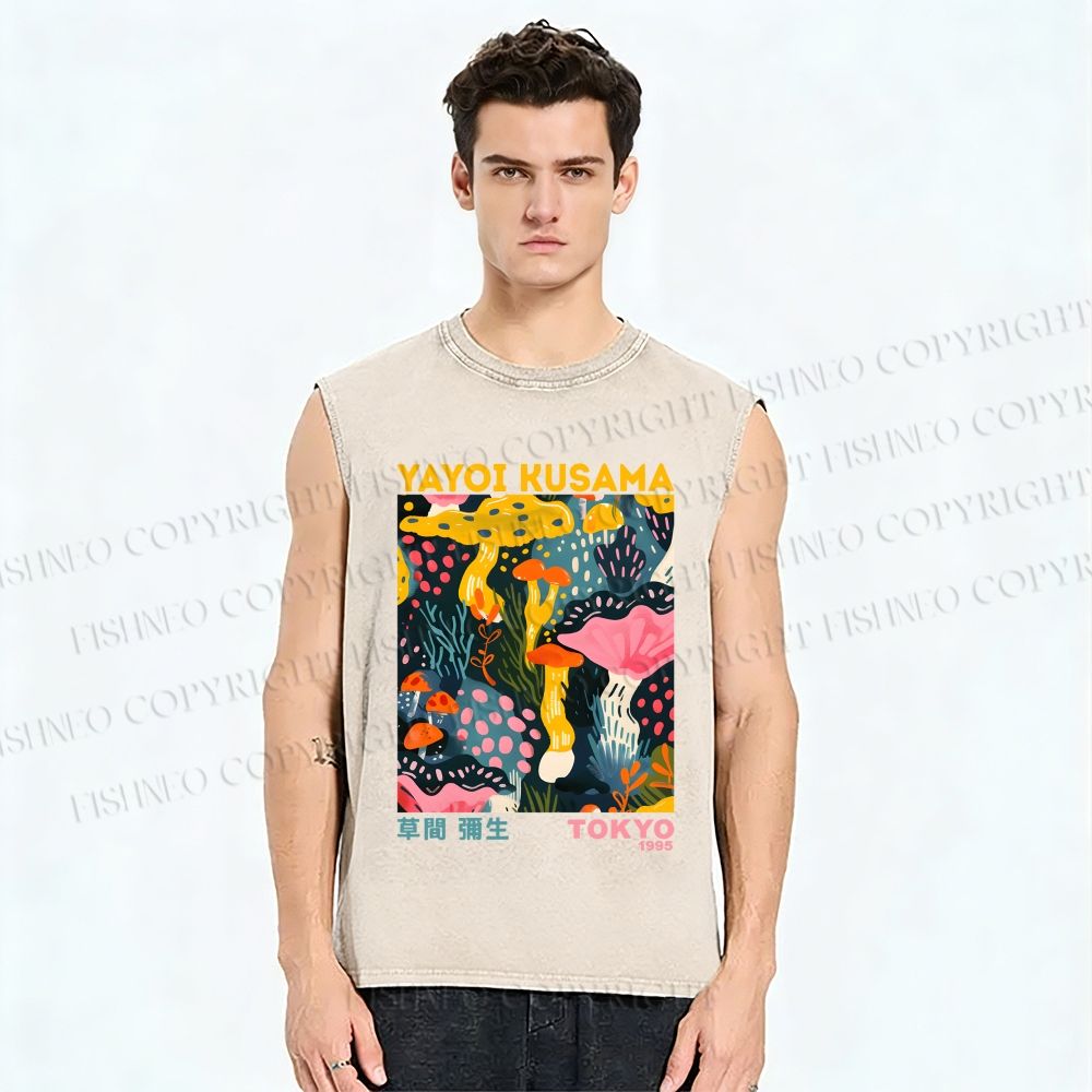 Unisex Yayoi Kusama Multicolor Mushroom Printed Washed Tank Top