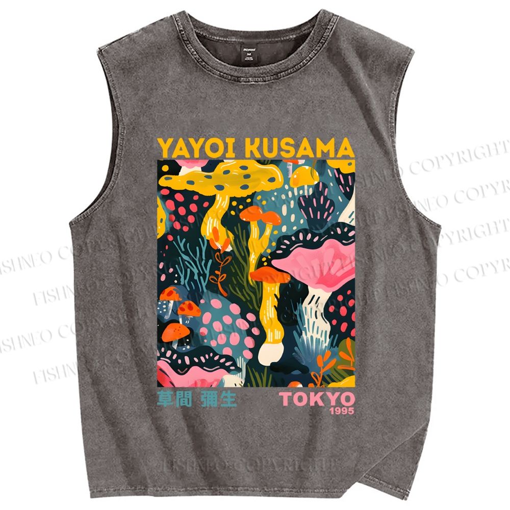 Unisex Yayoi Kusama Multicolor Mushroom Printed Washed Tank Top