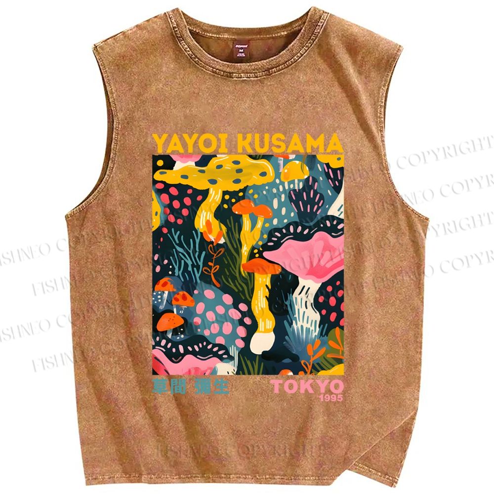 Unisex Yayoi Kusama Multicolor Mushroom Printed Washed Tank Top