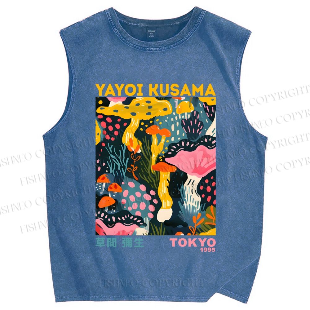 Unisex Yayoi Kusama Multicolor Mushroom Printed Washed Tank Top