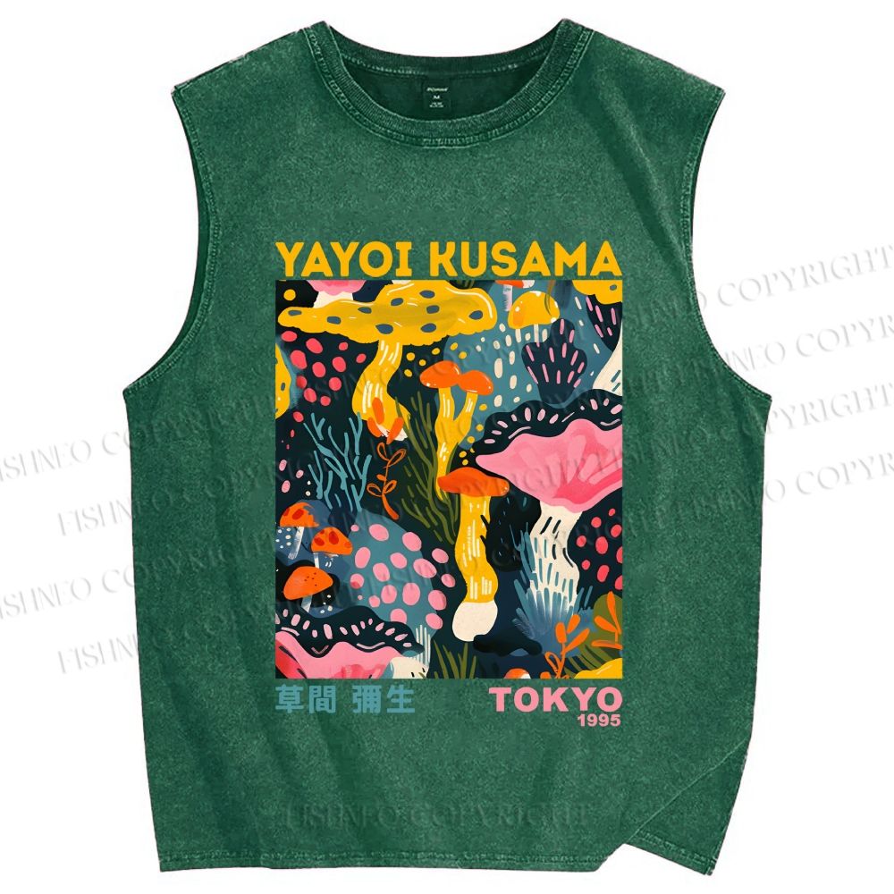 Unisex Yayoi Kusama Multicolor Mushroom Printed Washed Tank Top