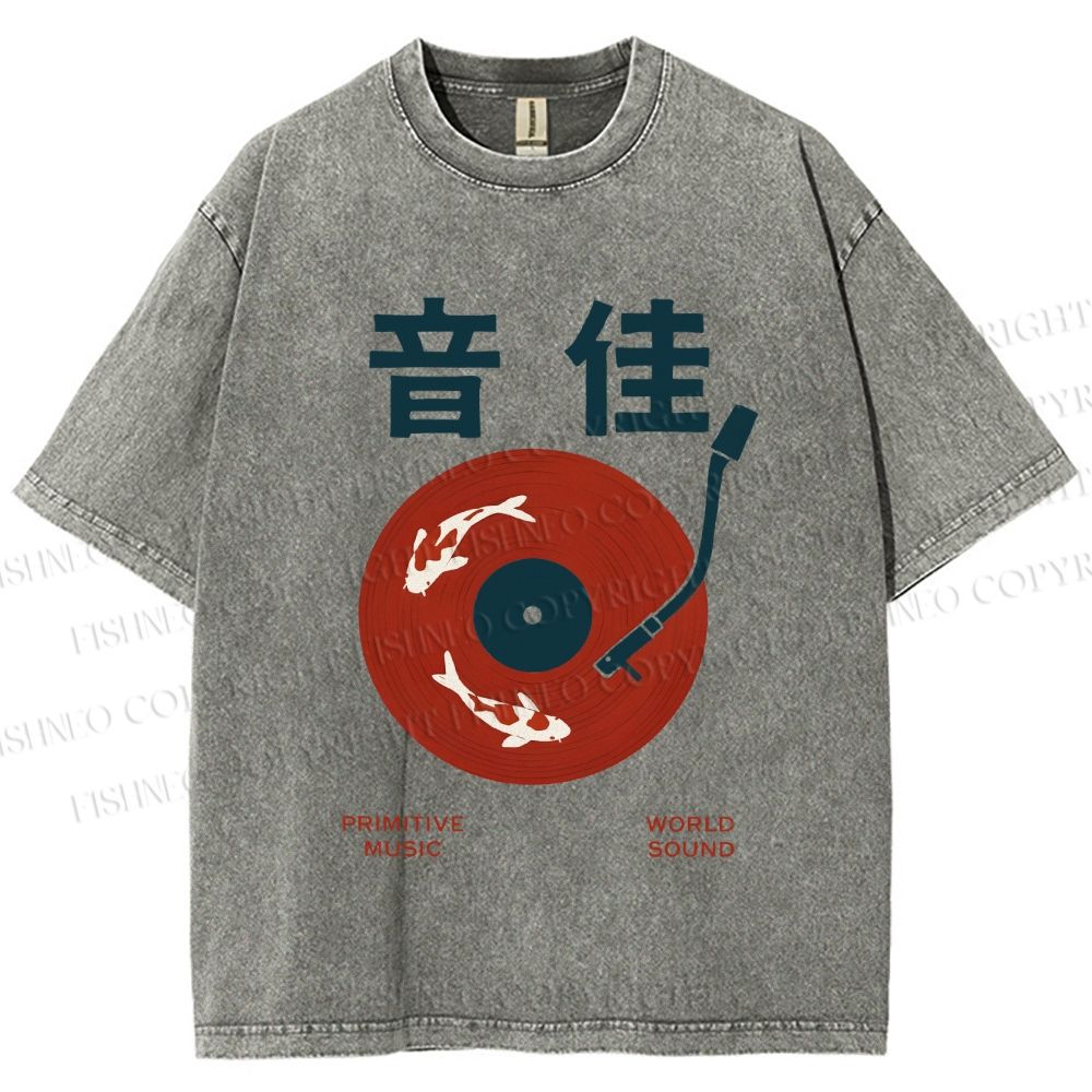 Unisex Japanese Koi Fish in Vinyl Record Printed Washed Tee