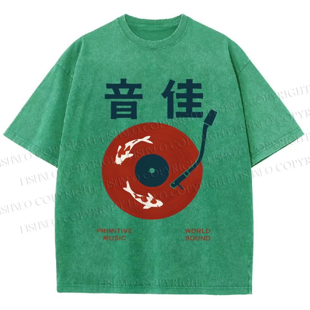 Unisex Japanese Koi Fish in Vinyl Record Printed Washed Tee