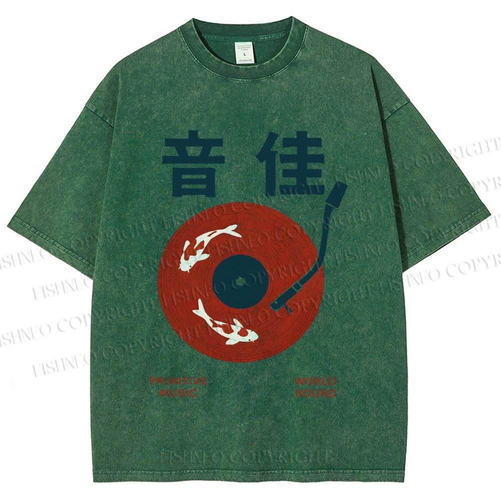 Unisex Japanese Koi Fish in Vinyl Record Printed Washed Tee