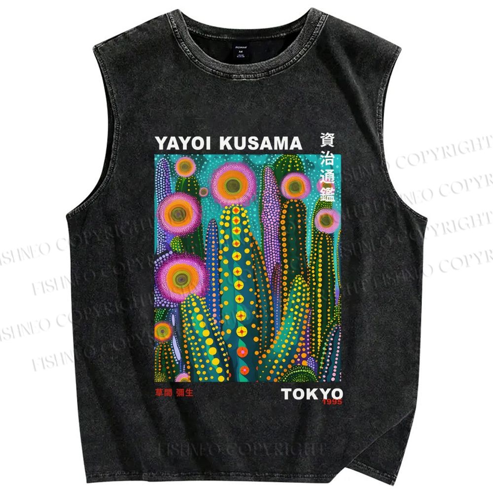 Unisex Yayoi Kusama Cactus Printed Washed Tank Top