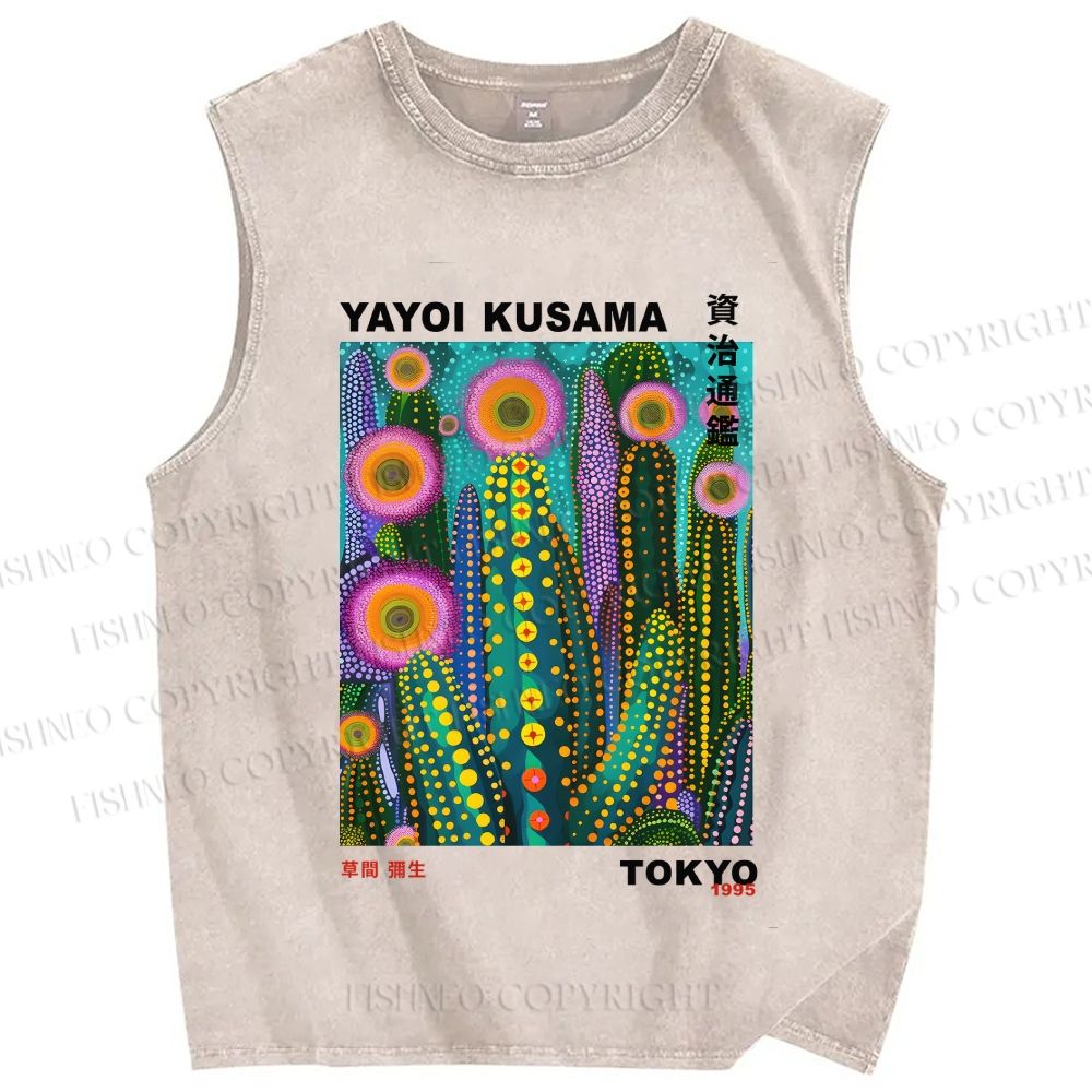 Unisex Yayoi Kusama Cactus Printed Washed Tank Top