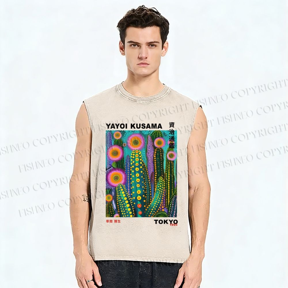 Unisex Yayoi Kusama Cactus Printed Washed Tank Top