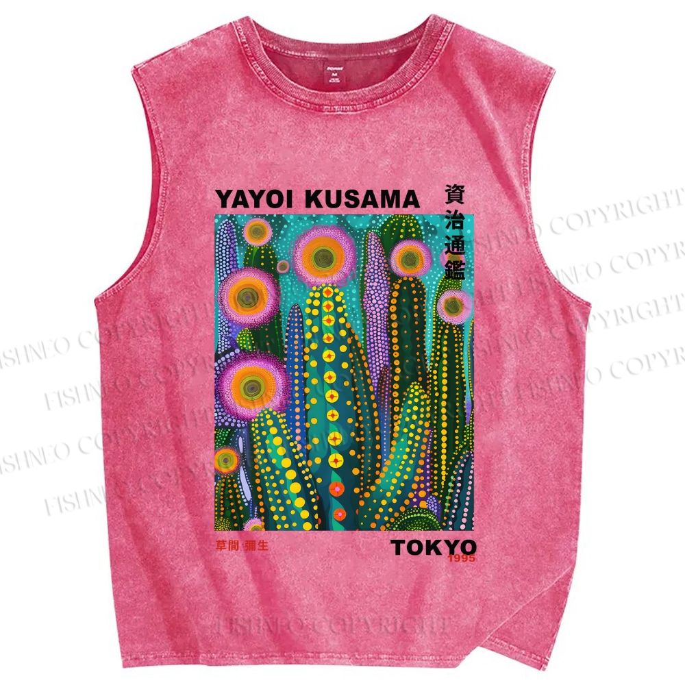 Unisex Yayoi Kusama Cactus Printed Washed Tank Top