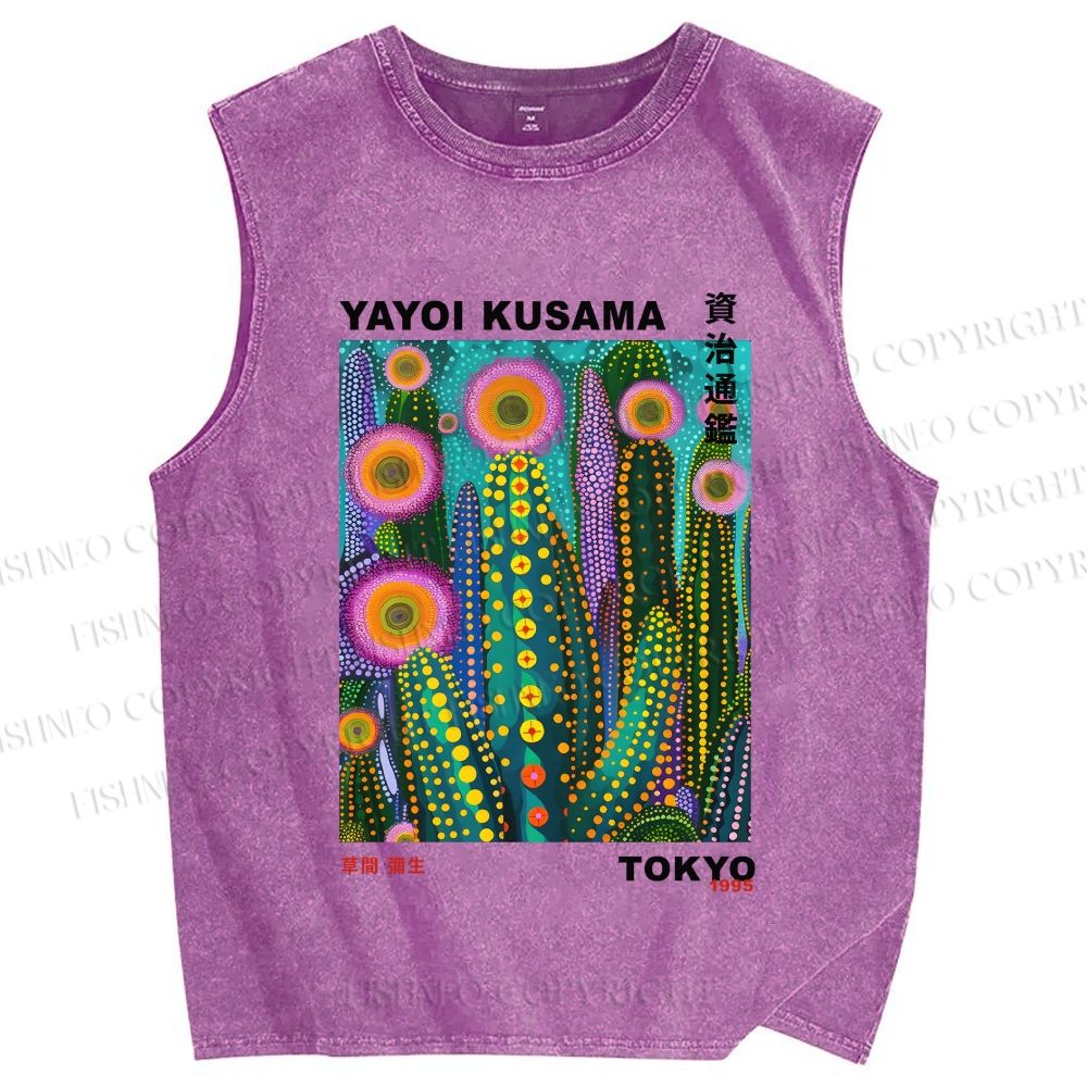 Unisex Yayoi Kusama Cactus Printed Washed Tank Top