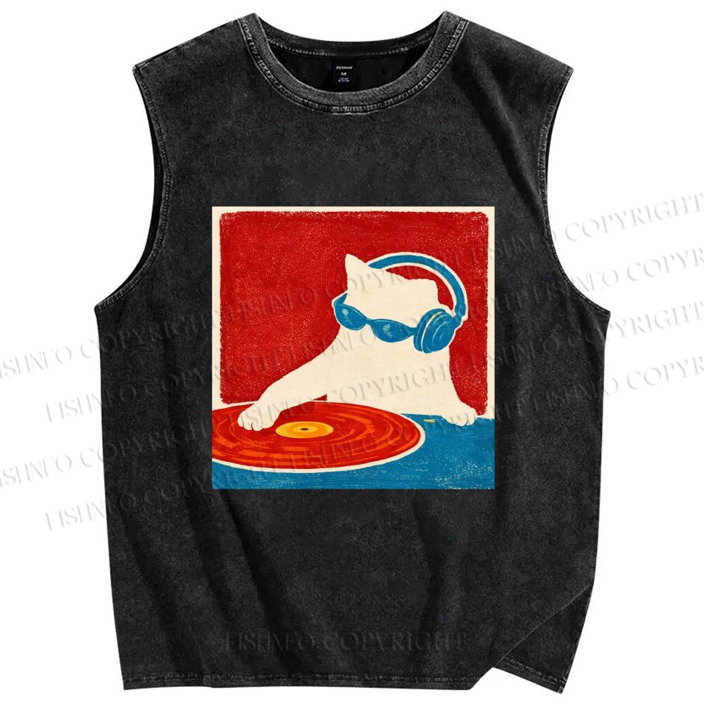 Unisex DJ Cat  Printed Washed Tank Top