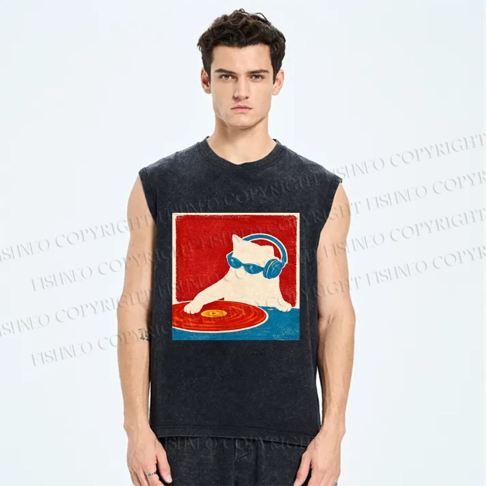 Unisex DJ Cat  Printed Washed Tank Top