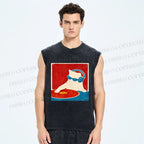 Unisex DJ Cat  Printed Washed Tank Top