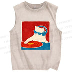 Unisex DJ Cat  Printed Washed Tank Top