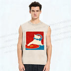 Unisex DJ Cat  Printed Washed Tank Top