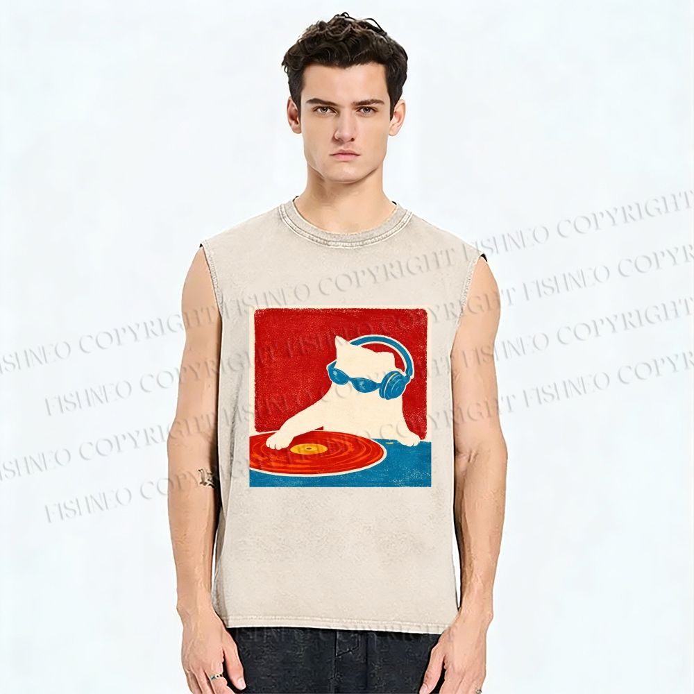 Unisex DJ Cat  Printed Washed Tank Top
