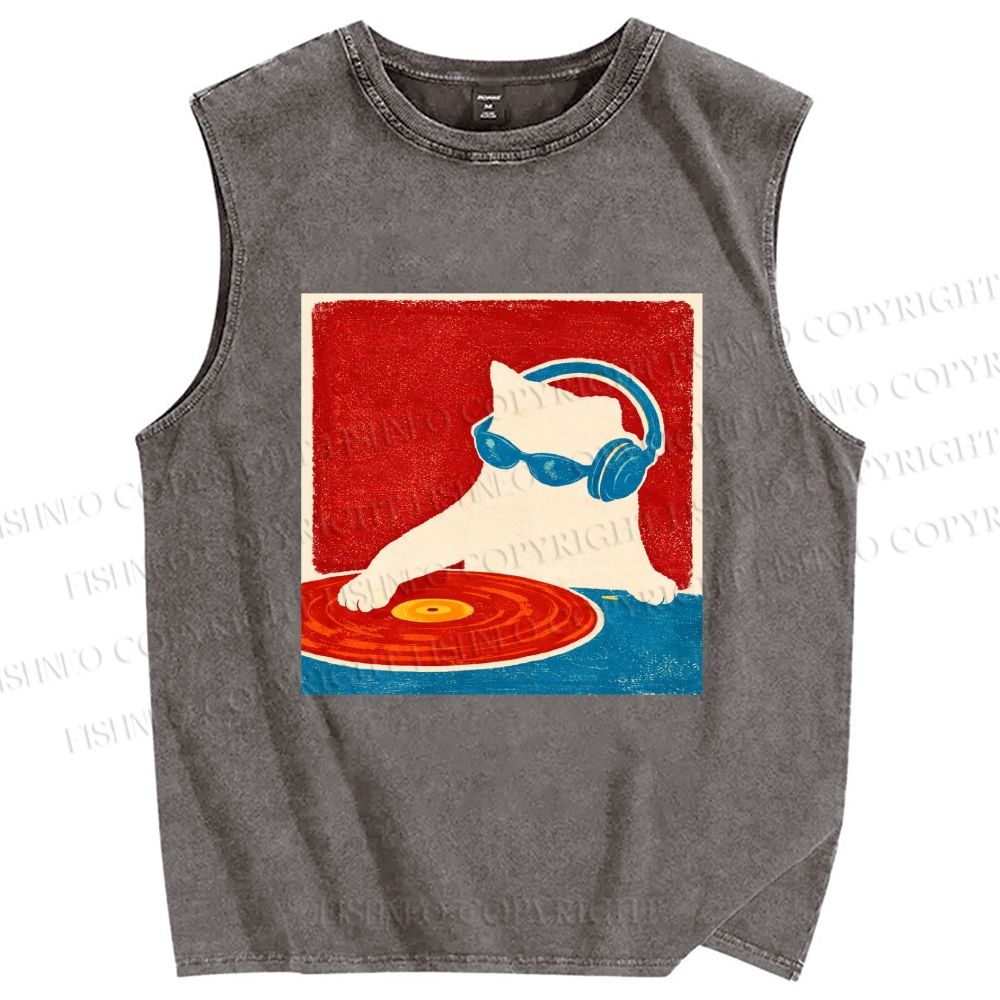 Unisex DJ Cat  Printed Washed Tank Top