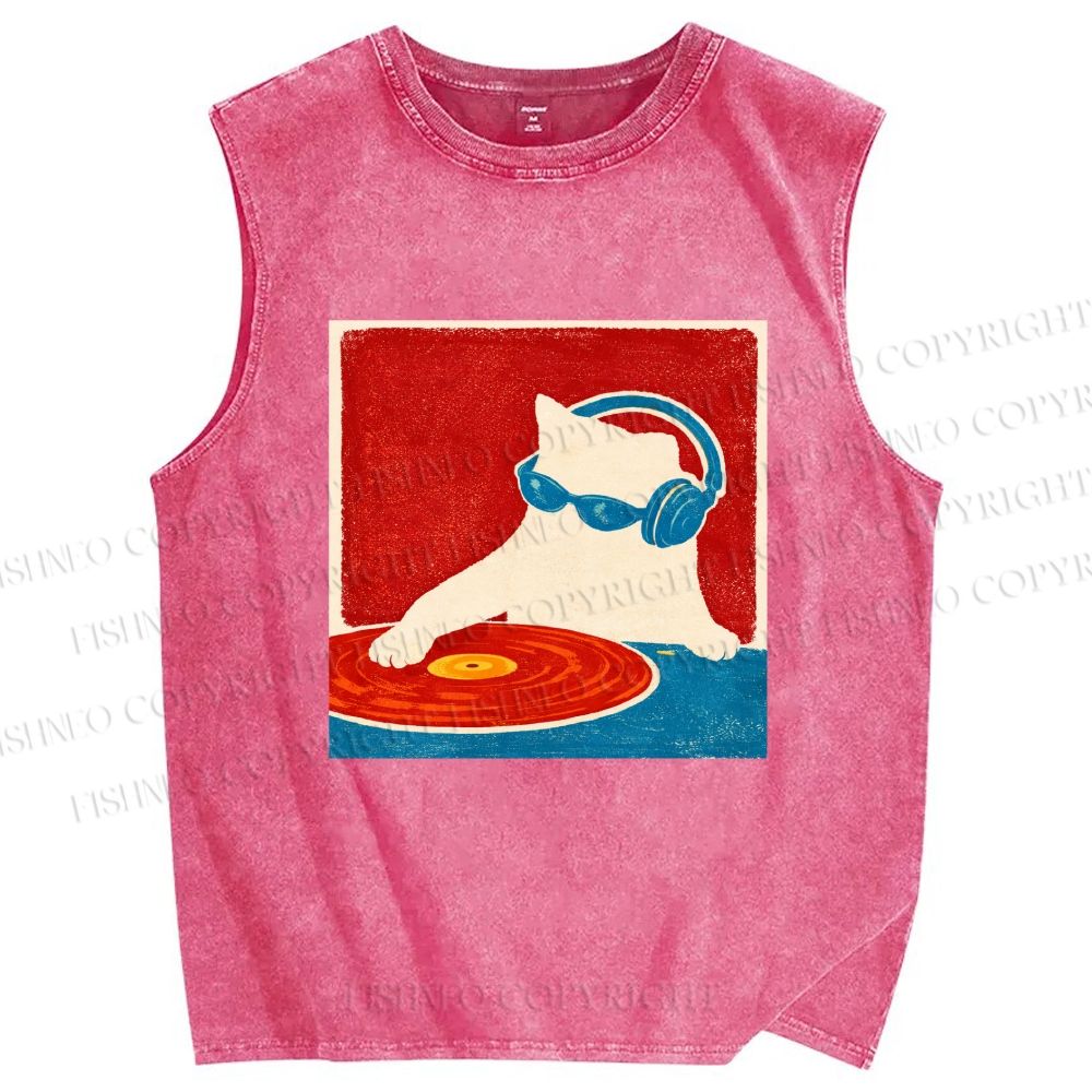 Unisex DJ Cat  Printed Washed Tank Top