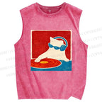 Unisex DJ Cat  Printed Washed Tank Top