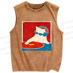 Unisex DJ Cat  Printed Washed Tank Top