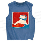 Unisex DJ Cat  Printed Washed Tank Top