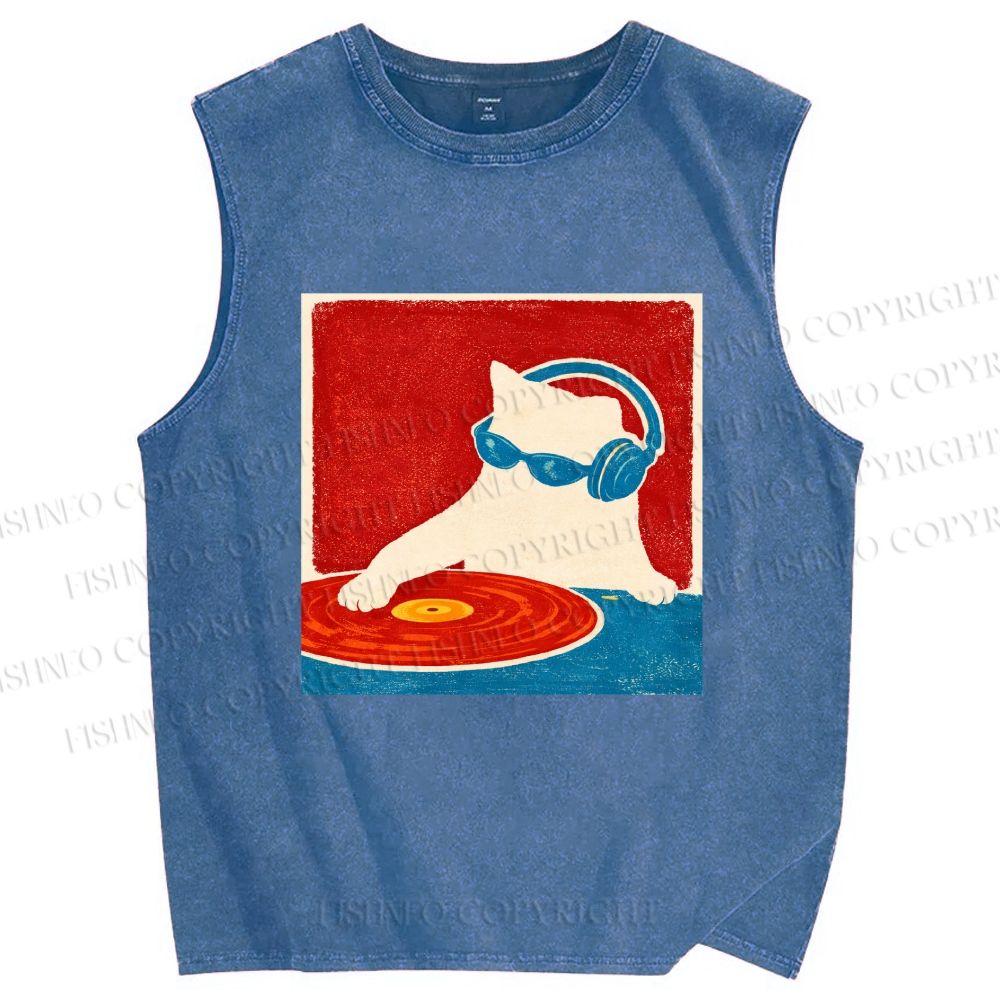 Unisex DJ Cat  Printed Washed Tank Top
