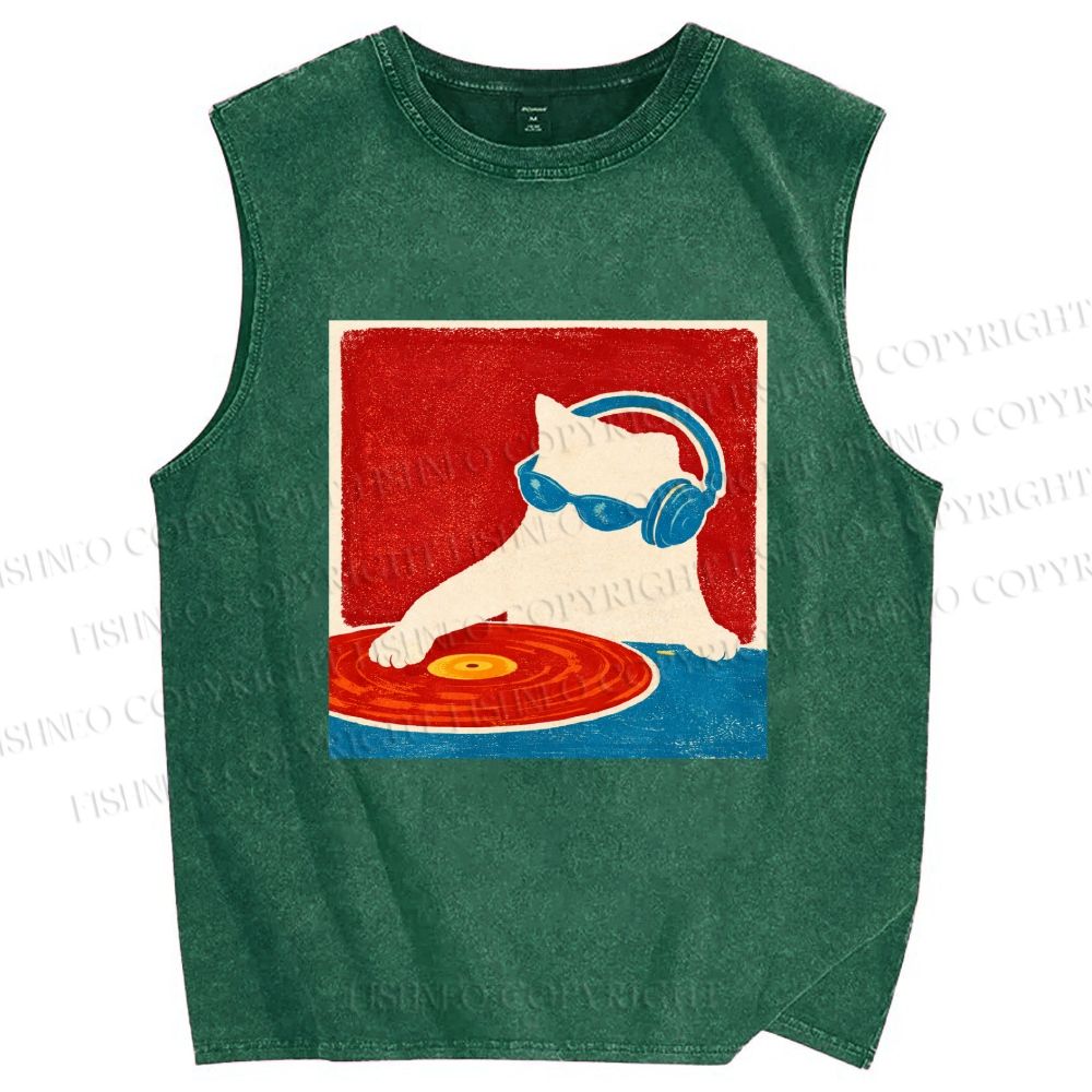 Unisex DJ Cat  Printed Washed Tank Top