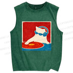 Unisex DJ Cat  Printed Washed Tank Top