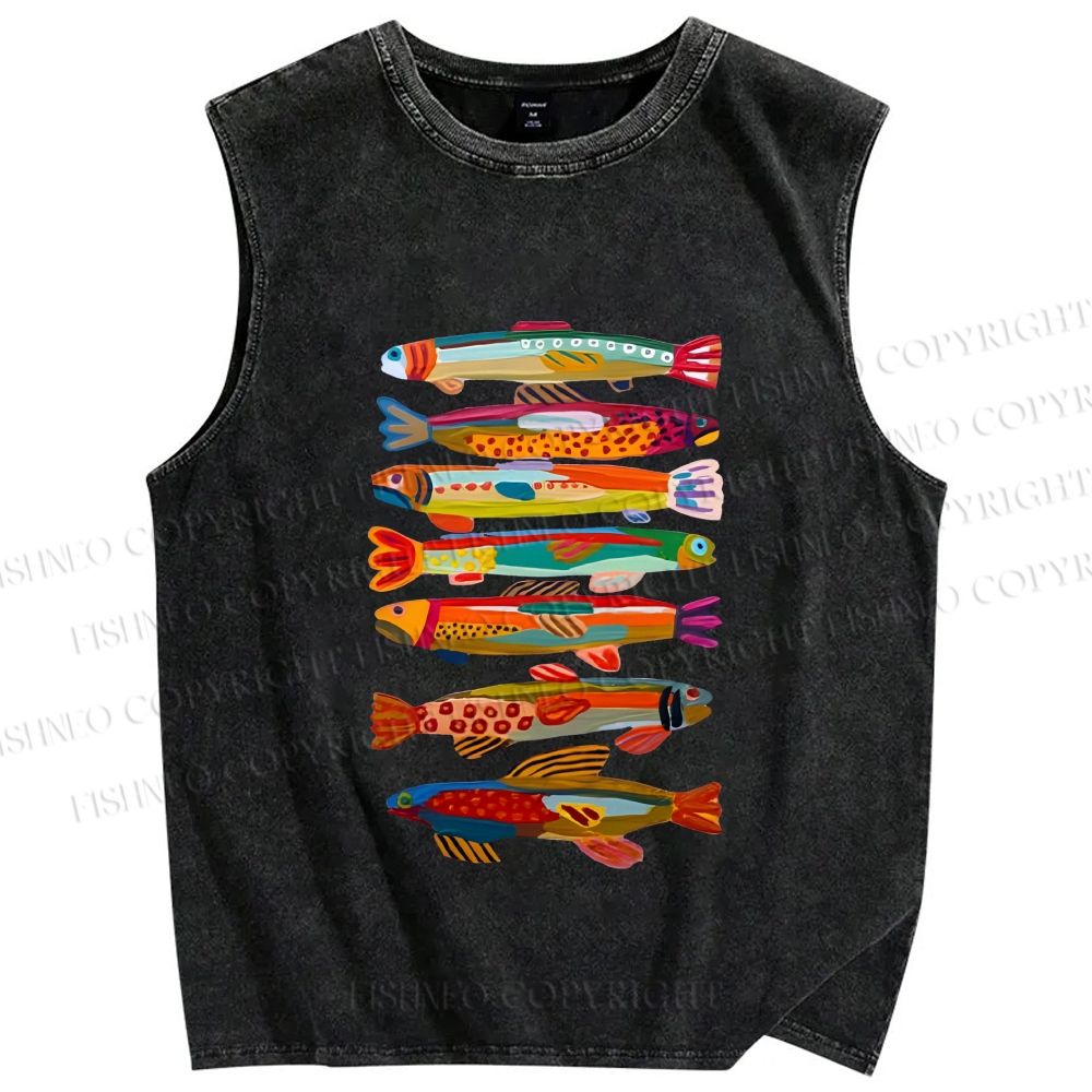 Unisex Colorful Fish Printed Washed Tank Top