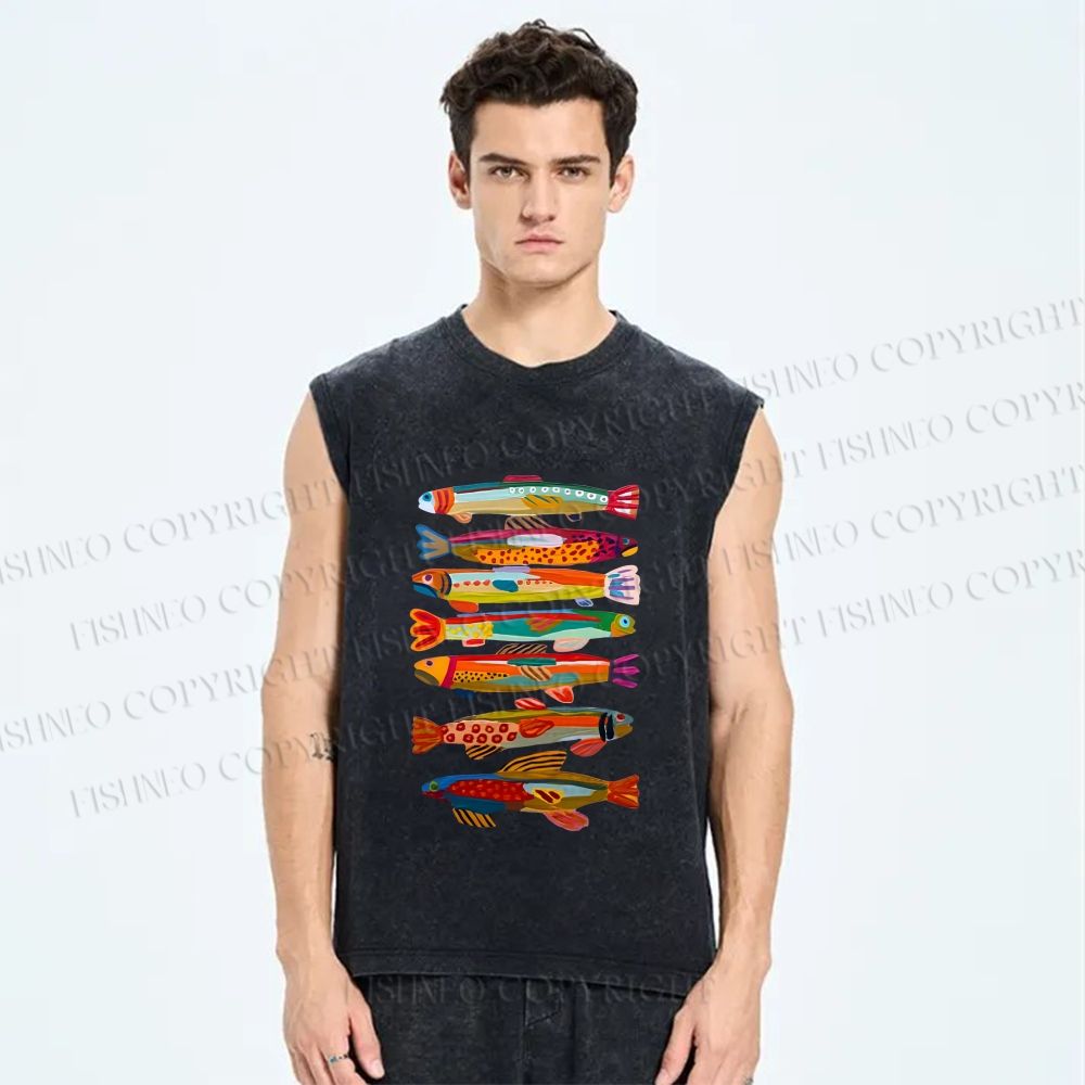 Unisex Colorful Fish Printed Washed Tank Top