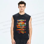 Unisex Colorful Fish Printed Washed Tank Top