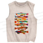 Unisex Colorful Fish Printed Washed Tank Top