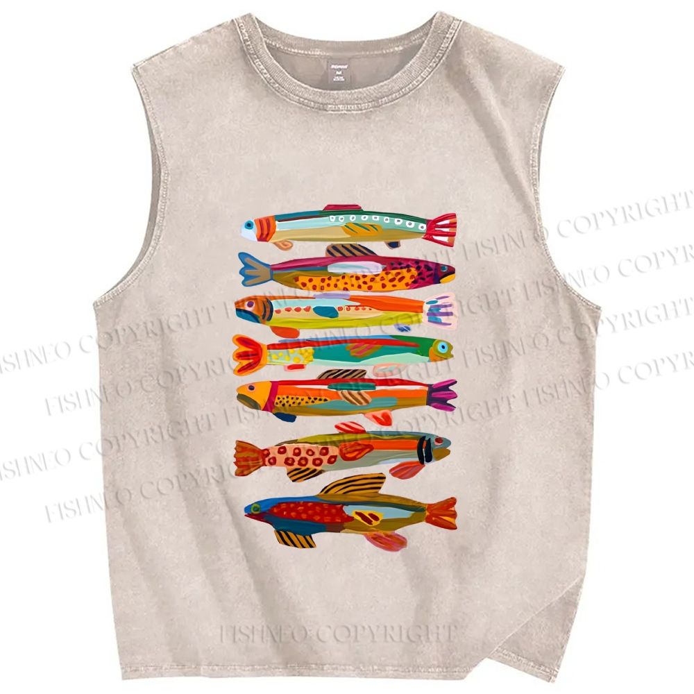 Unisex Colorful Fish Printed Washed Tank Top