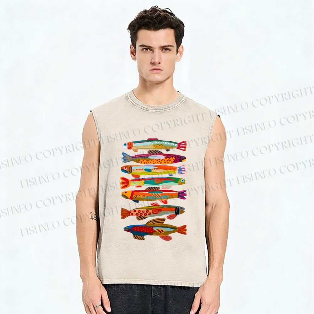 Unisex Colorful Fish Printed Washed Tank Top