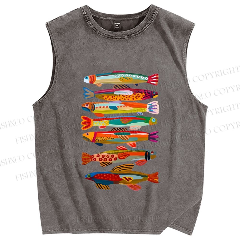Unisex Colorful Fish Printed Washed Tank Top