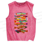Unisex Colorful Fish Printed Washed Tank Top