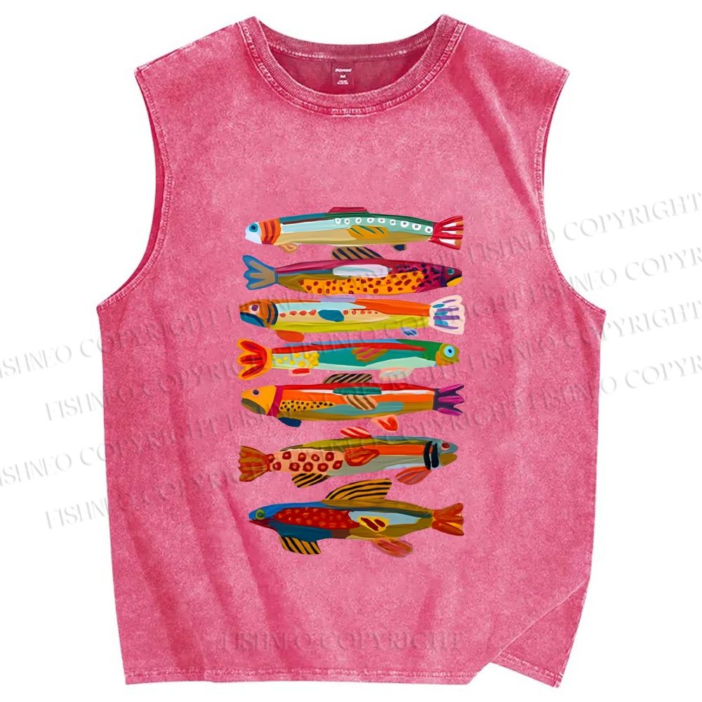 Unisex Colorful Fish Printed Washed Tank Top