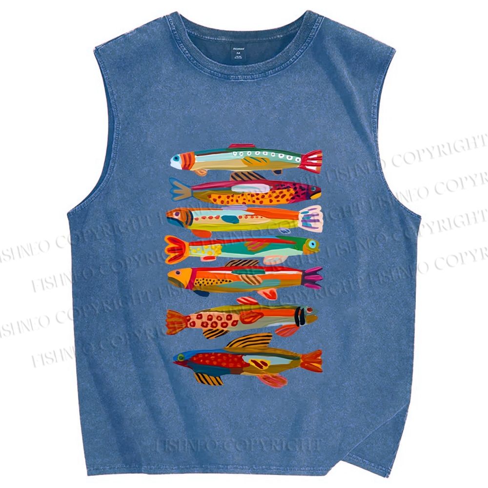 Unisex Colorful Fish Printed Washed Tank Top