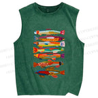 Unisex Colorful Fish Printed Washed Tank Top