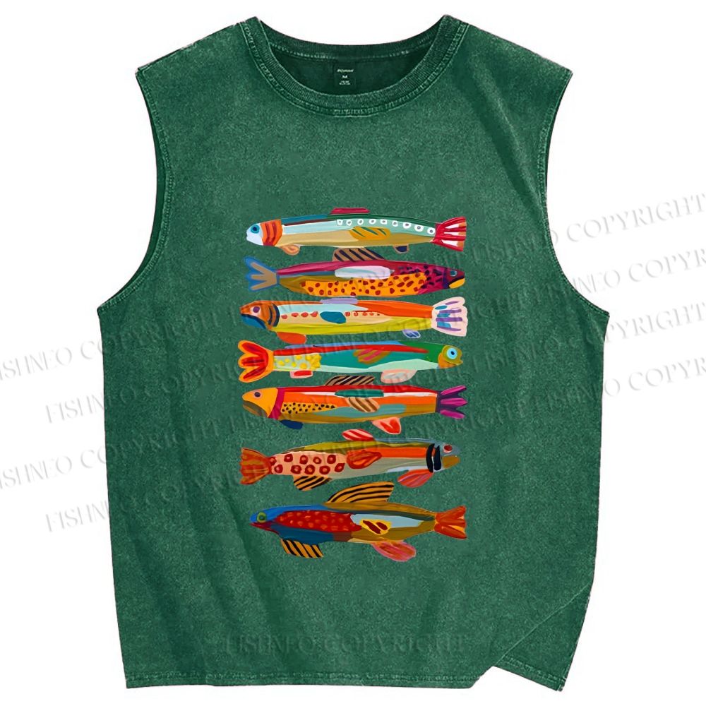 Unisex Colorful Fish Printed Washed Tank Top