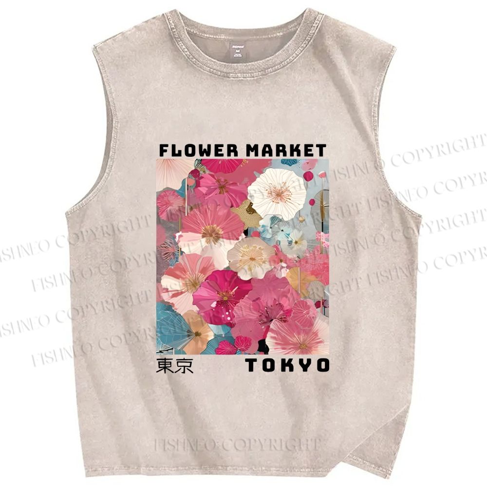 Unisex Market Colorful Floral Art Printed Washed Tank Top