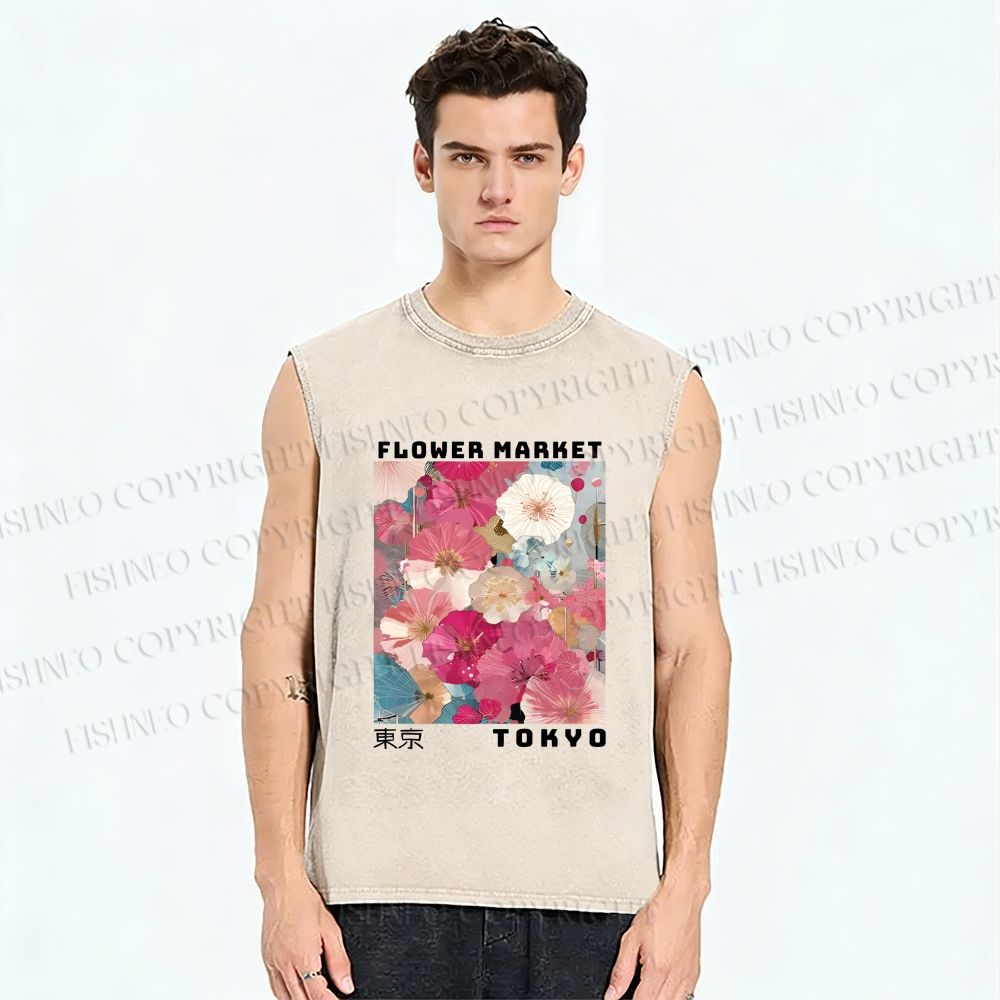 Unisex Market Colorful Floral Art Printed Washed Tank Top