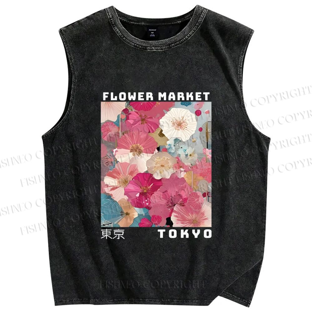 Unisex Market Colorful Floral Art Printed Washed Tank Top
