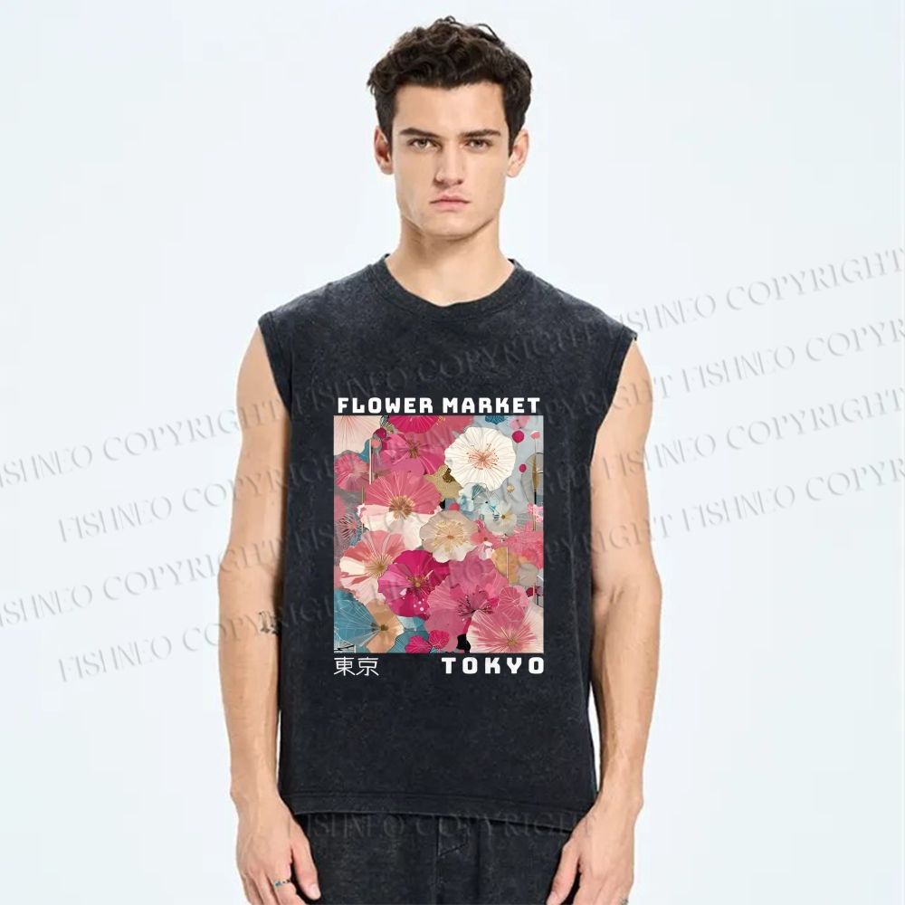 Unisex Market Colorful Floral Art Printed Washed Tank Top