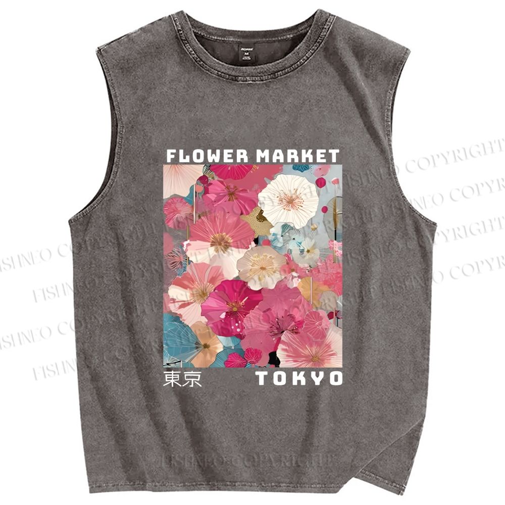 Unisex Market Colorful Floral Art Printed Washed Tank Top