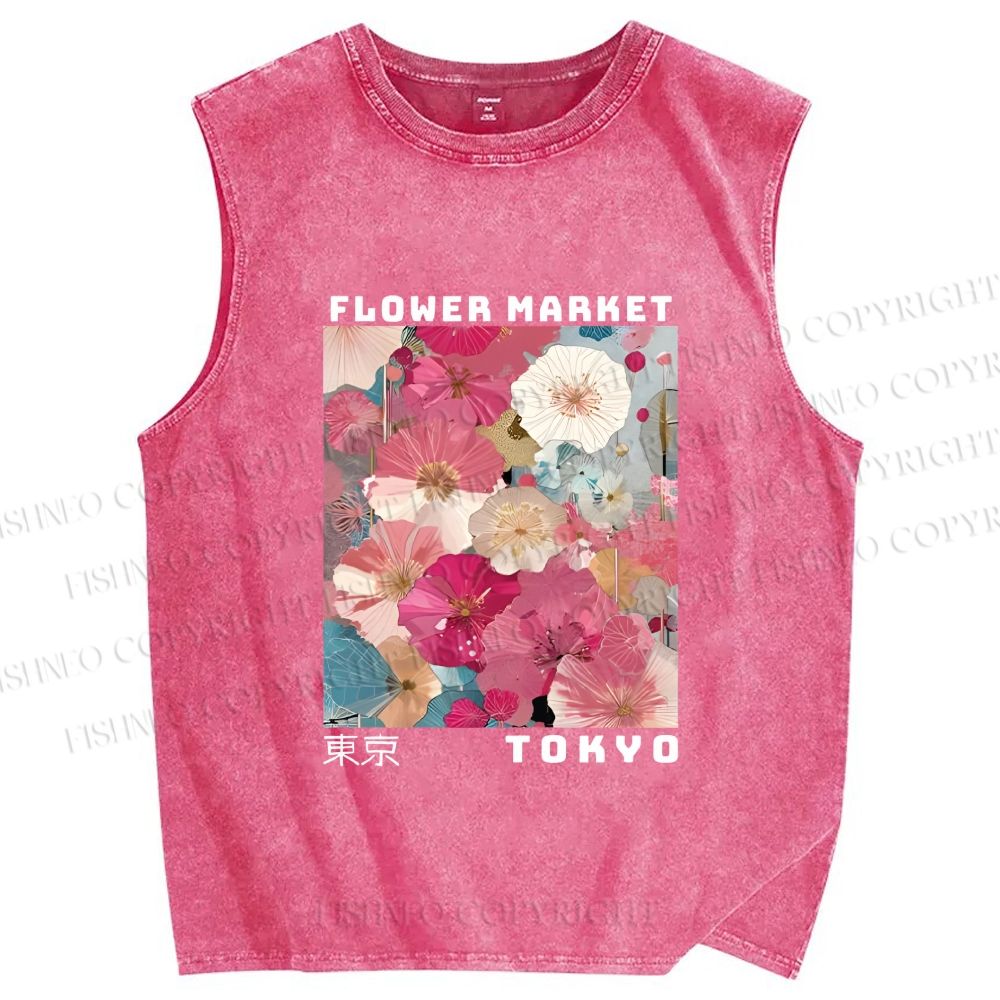 Unisex Market Colorful Floral Art Printed Washed Tank Top