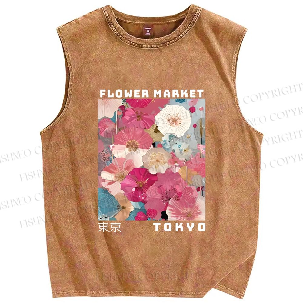 Unisex Market Colorful Floral Art Printed Washed Tank Top