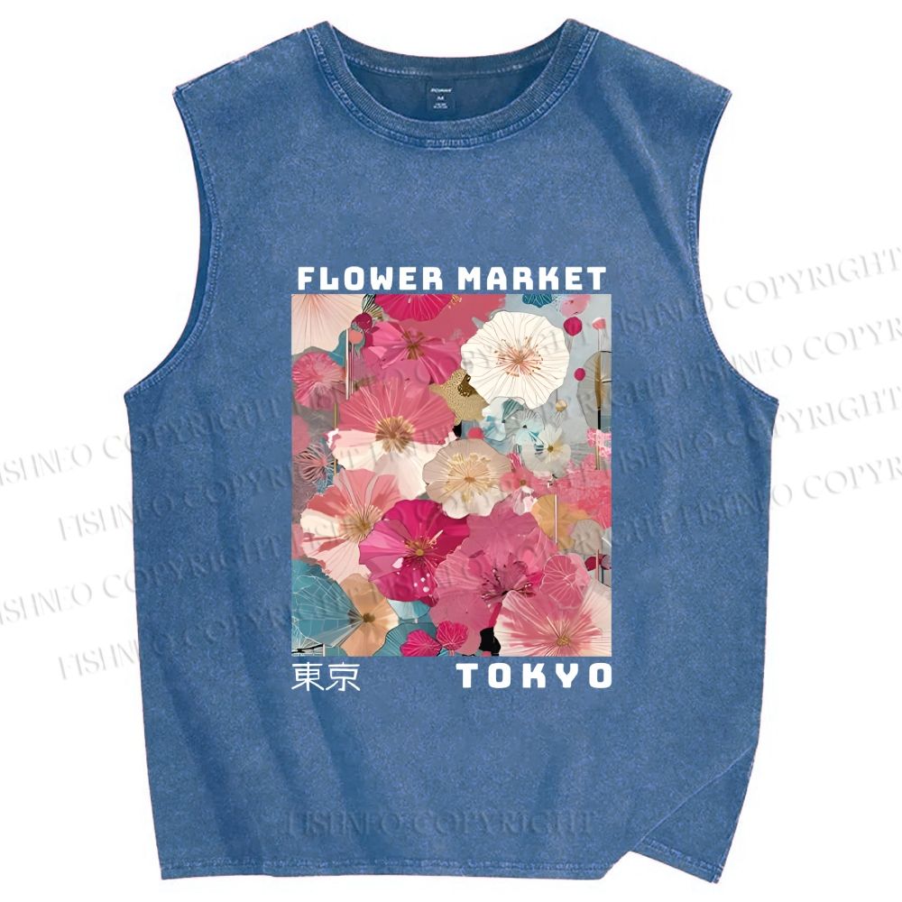 Unisex Market Colorful Floral Art Printed Washed Tank Top