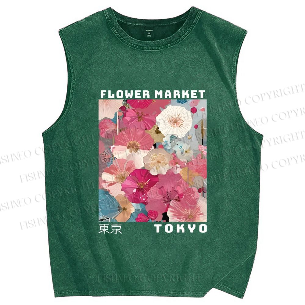 Unisex Market Colorful Floral Art Printed Washed Tank Top