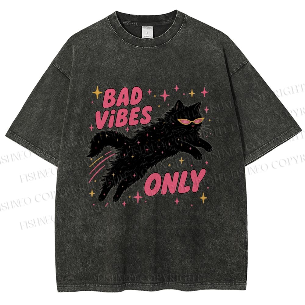 Unisex Black Cat Vibes Only Printed Washed Tee